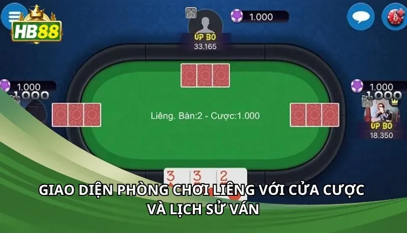 Giao diện phòng chơi Liêng với cửa cược và lịch sử ván
